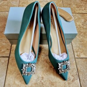 Elegant Peacock Teal Blue Embellished Kitten Heels Pointed Toe NIB Size 42